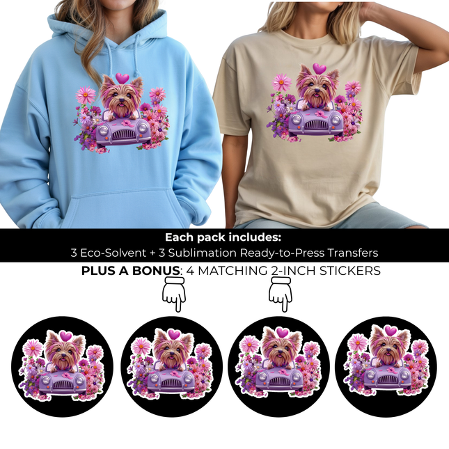 Petal Cruiser Yorkie 3 Eco-Solvent Iron-On Heat Transfers + 3 Sublimation Iron-On Heat Transfers, Ready to Press. Bonus: 4 Matching 2-Inch Stickers