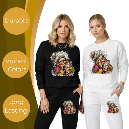 Cozy Cat Grandma 6-Pack Crafter’s & DIY Bundle – 3 Eco-Solvent Iron-On Heat Transfers + 3 Sublimation Iron-On Heat Transfers, Ready to Press for T-Shirts & More. Bonus: 4 Matching 2-Inch Stickers