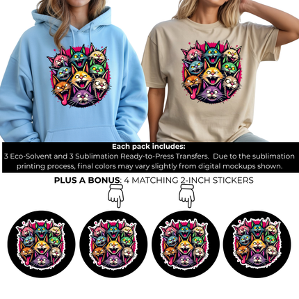 Feral Feline Frenzy 6-Pack Crafter’s & DIY Bundle – 3 Eco-Solvent + 3 Sublimation Ready-to-Press Iron-On Heat Transfers for T-Shirts, Tote Bags & More, + Bonus 4 Matching 2-Inch Stickers