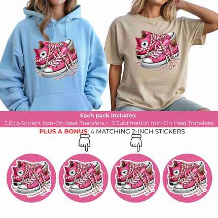 Blush Pearl High-Tops 6-Pack DIY Bundle – 3 Eco-Solvent Iron-On Heat Transfers + 3 Sublimation Iron-On Heat Transfers, Ready to Press. Bonus: 4 Matching 2-Inch Stickers