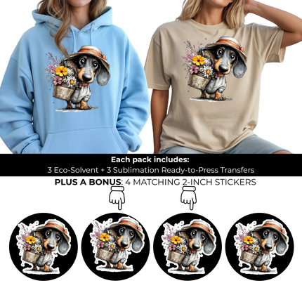 Bloom Basket Dachshund 6-Pack Ready-to-Press DIY Bundle – 3 Eco-Solvent + 3 Sublimation Iron-on Heat Transfers with 4 Bonus 2-Inch Stickers