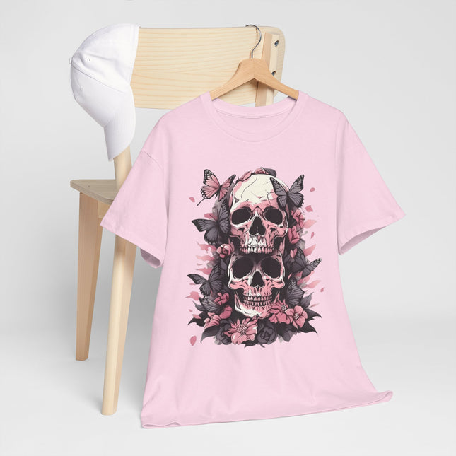Skull & Pink Roses Tee - Gothic Floral Skull T-Shirt