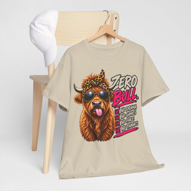 Bull Graphic Tee — "Zero Bull" Funny Highland Cow T‑Shirt