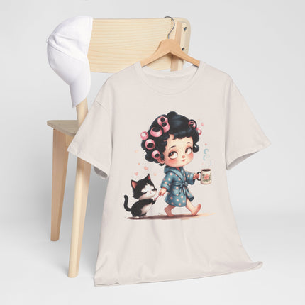 Cute Morning Routine Tee — Cartoon Girl in Rollers with Cat & Coffee