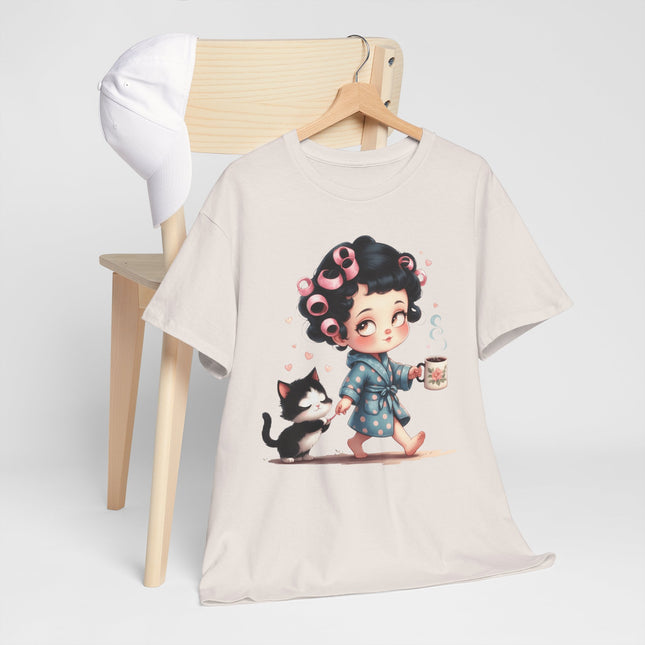 Cute Morning Routine Tee — Cartoon Girl in Rollers with Cat & Coffee