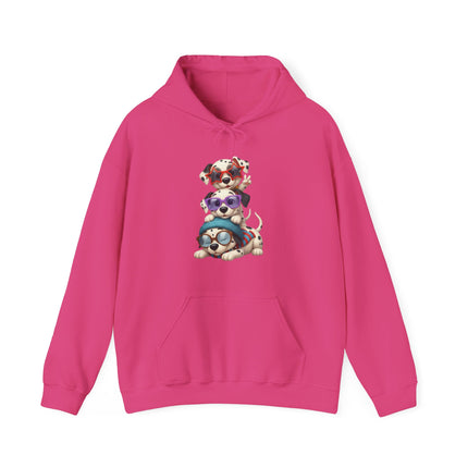 Cute Stacked Puppies Hoodie – Colorful Sunglass Dog Trio Pullover