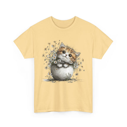 Whimsical Spring Cat #7 - Kitten Reaching for Butterfly Tee | Cute Cat Illustration Shirt