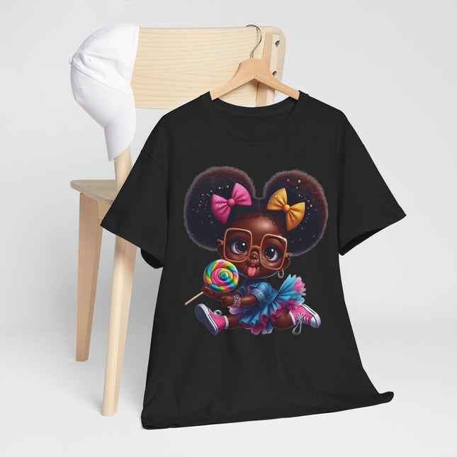 Sweet Pop Princess 🍭 Graphic Tee — Cute Afro Puff Girl with Lollipop