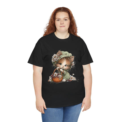 Whimsical Spring Cat #31 - Kitten Reaching for Butterfly Tee | Cute Cat Illustration Shirt