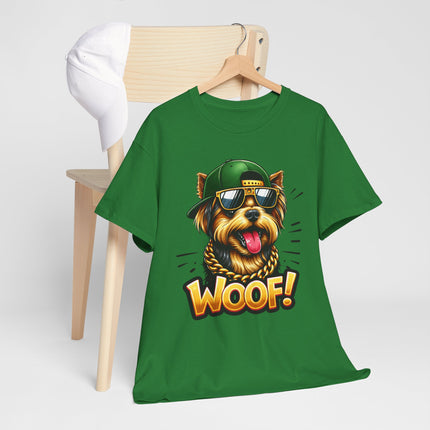 Woof! Cool Yorkie Graphic Tee — Retro Pup with Sunglasses & Cap