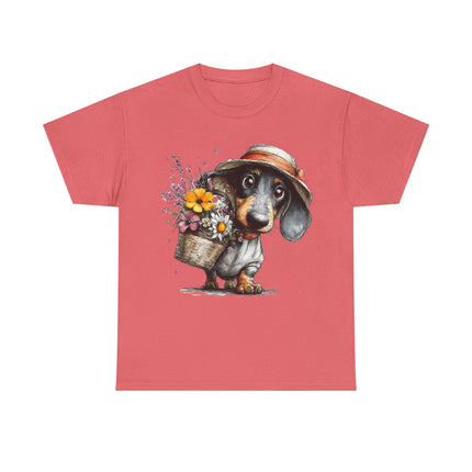 Dachshund with Flower Basket T‑Shirt — Cute Puppy Garden Tee