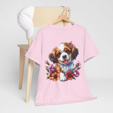 Cute Puppy Floral T‑Shirt — Happy Dog with Flowers Graphic Tee