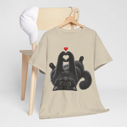 Cat Heart Tee — Cute Black Cat Lying Upside Down with Heart Graphic