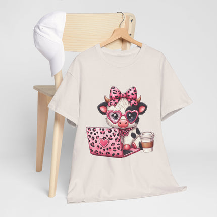 Cow With Laptop T-Shirt — Cute Pink Leopard Cow Working on Laptop with Coffee Tee
