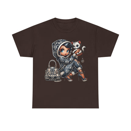 Retro Fashion Doll Tee with Cat – Cute Big Eye Cartoon Streetwear Graphic T-Shirt for Women Trendy Urban Style Top