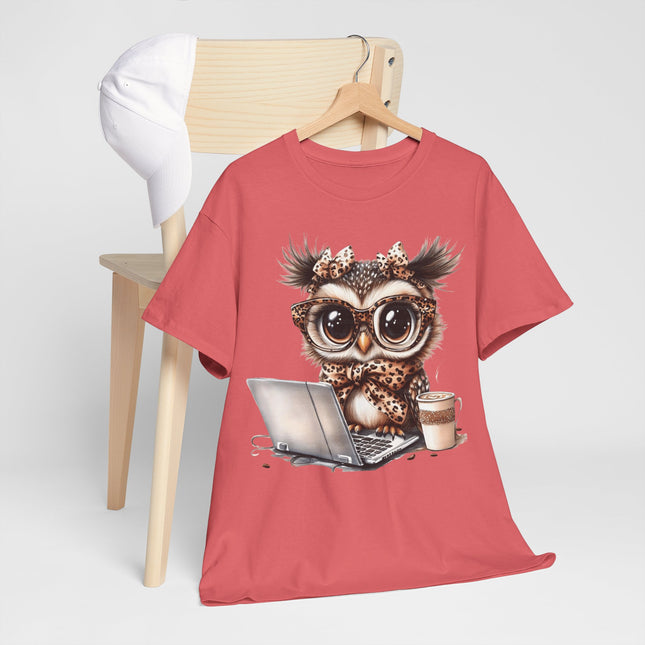 Cute Owl Working at Laptop T-Shirt — Coffee Lover Graphic Tee