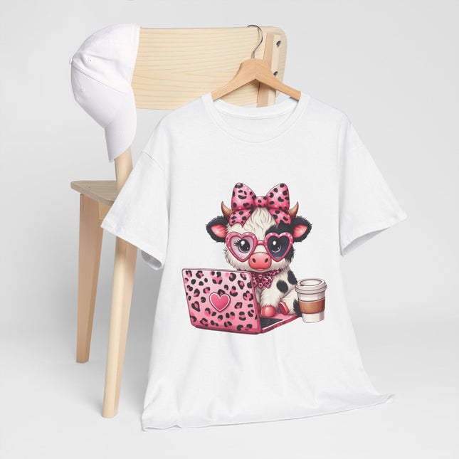 Cow With Laptop T-Shirt — Cute Pink Leopard Cow Working on Laptop with Coffee Tee