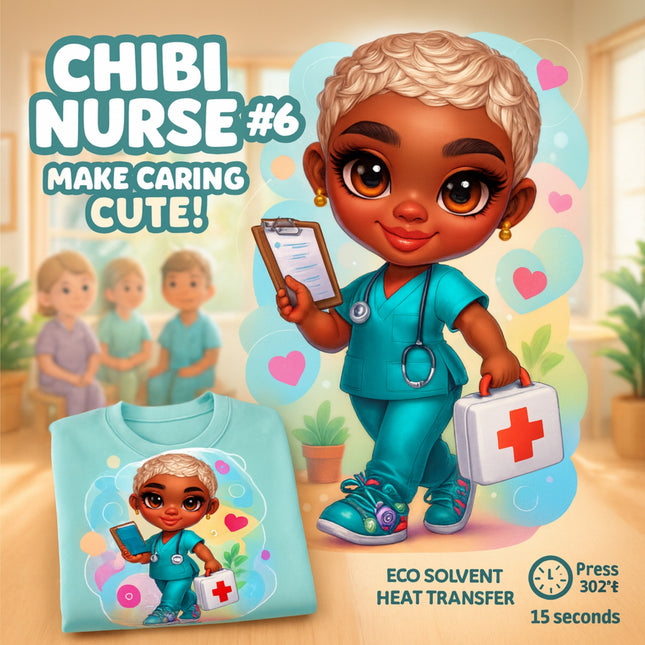 Cute Nurse Character #6 Eco Solvent Heat Transfer featuring chibi nurse with clipboard and kit by Style Junction Custom Digital Designs