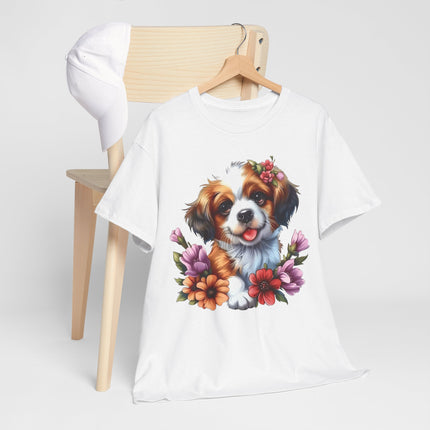 Cute Puppy Floral T‑Shirt — Happy Dog with Flowers Graphic Tee
