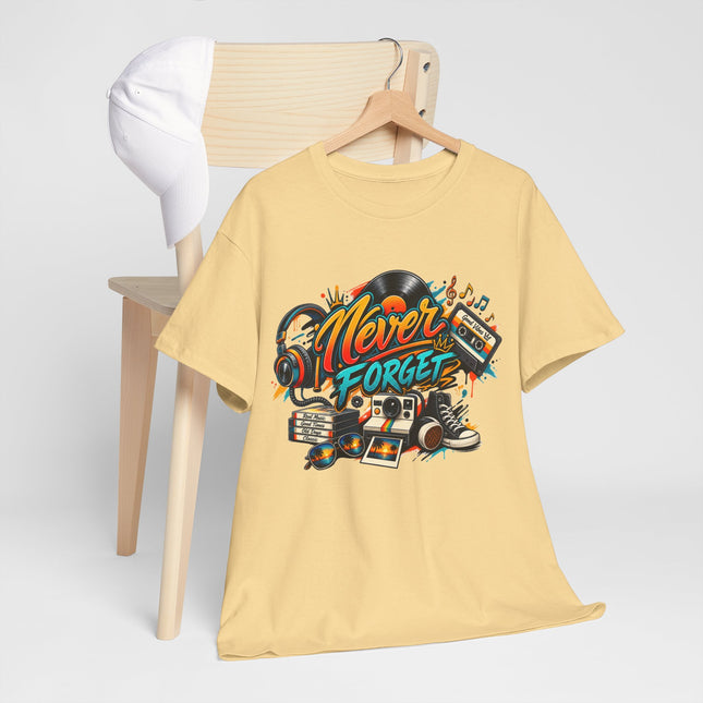 Retro Music Tee — "Never Forget" Vintage Records & Cassette Graphic