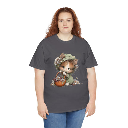 Whimsical Spring Cat #31 - Kitten Reaching for Butterfly Tee | Cute Cat Illustration Shirt