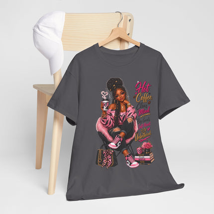 Graphic Tee — “Hot Cocoa, Close Friends, Big Goals” Pink Girl Illustration Shirt