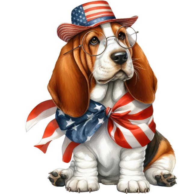 Basset Hound with Hat and Flag Bow – DTF Heat Transfer DTF Transfers Style Junction – Custom Digital Designs & Apparel