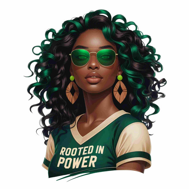Rooted in Power Afro Queen in Green – DTF Heat Transfer #5 DTF Transfers Style Junction – Custom Digital Designs & Apparel