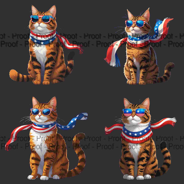 4 Patriotic Tabby Cat Sublimation PNGs – High-Res Clipart Digital File Style Junction – Custom Digital Designs & Apparel