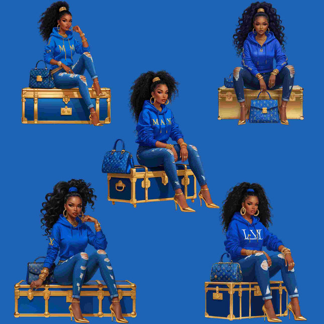 Afro Diva in Blue Luxe Hoodie – PNG Bundle of 5 Digital File Style Junction – Custom Digital Designs & Apparel