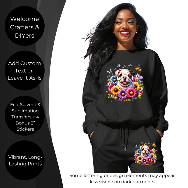 Blossom Buddy Bulldog 6-Pack Ready-to-Press DIY Bundle – 3 Eco-Solvent + 3 Sublimation Iron-on Heat Transfers with 4 Bonus 2-Inch Stickers