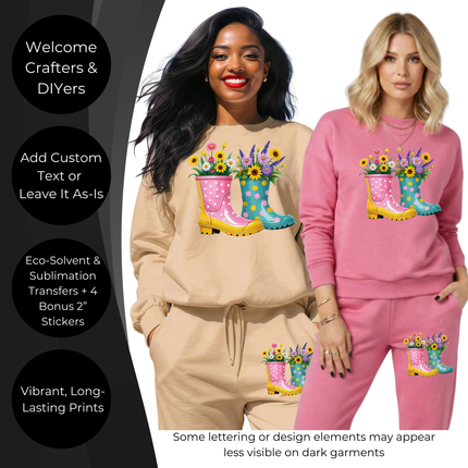 Bloom Boots 3 Eco-Solvent Iron-On Heat Transfers + 3 Sublimation Iron-On Heat Transfers, Ready to Press. Bonus: 4 Matching 2-Inch Stickers