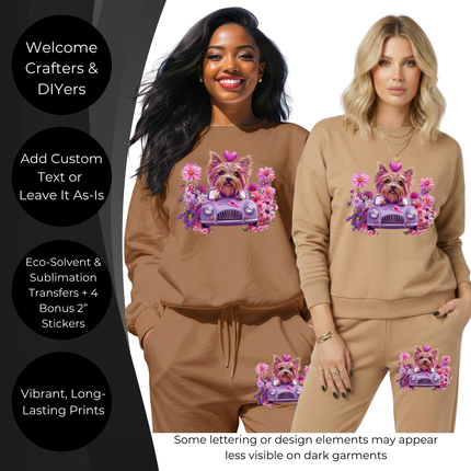 Petal Cruiser Yorkie 3 Eco-Solvent Iron-On Heat Transfers + 3 Sublimation Iron-On Heat Transfers, Ready to Press. Bonus: 4 Matching 2-Inch Stickers