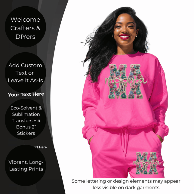 Floral Mama Tan Monogram 6-Pack Ready-to-Press DIY Bundle – 3 Eco-Solvent + 3 Sublimation Iron-on Heat Transfers with 4 Bonus 2-Inch Stickers