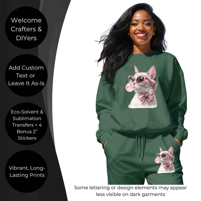 Bubblegum Glam Kitty 6-Pack Crafter’s & DIY Bundle – 3 Eco-Solvent + 3 Sublimation Ready-to-Press Iron-On Heat Transfers for T-Shirts, Tote Bags & More, + Bonus 4 Matching 2-Inch Stickers