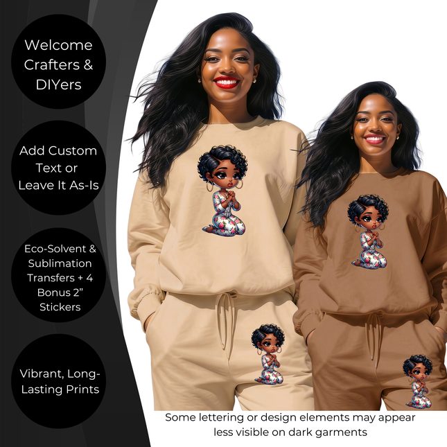 Prayer Blossom Cutie  6-Pack Crafter’s & DIY Bundle – 3 Eco-Solvent + 3 Sublimation Ready-to-Press Iron-On Heat Transfers for T-Shirts, Tote Bags & More, + Bonus 4 Matching 2-Inch Stickers