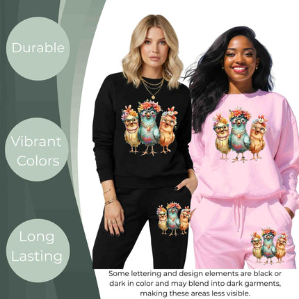 Floral Glasses Chick Trio 6-Pack DIY Bundle – 3 Eco-Solvent Iron-On Heat Transfers + 3 Sublimation Iron-On Heat Transfers, Ready to Press. Bonus: 4 Matching 2-Inch Stickers