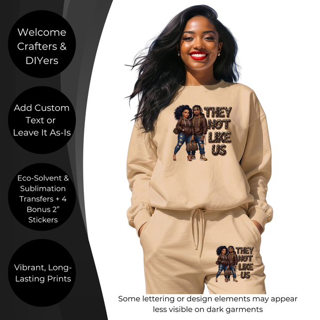 They Not Like Us 3 Eco-Solvent Iron-On Heat Transfers + 3 Sublimation Iron-On Heat Transfers, Ready to Press. Bonus: 4 Matching 2-Inch Stickers