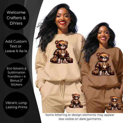 Luxury Hustle Bear 6-Pack Crafter’s & DIY Bundle – 3 Eco-Solvent + 3 Sublimation Ready-to-Press Iron-On Heat Transfers for T-Shirts, Tote Bags & More, + Bonus 4 Matching 2-Inch Stickers
