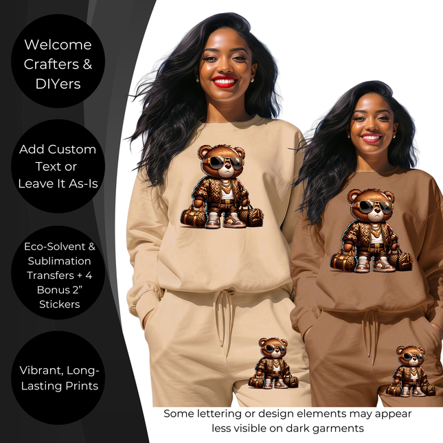 Luxury Hustle Bear 6-Pack Crafter’s & DIY Bundle – 3 Eco-Solvent + 3 Sublimation Ready-to-Press Iron-On Heat Transfers for T-Shirts, Tote Bags & More, + Bonus 4 Matching 2-Inch Stickers