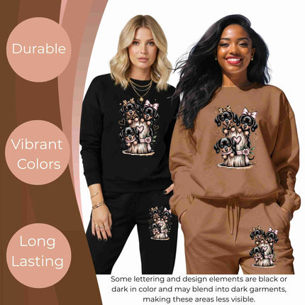 Bow-Tied Puppy Trio 6-Pack DIY Bundle – 3 Eco-Solvent Iron-On Heat Transfers + 3 Sublimation Iron-On Heat Transfers, Ready to Press. Bonus: 4 Matching 2-Inch Stickers