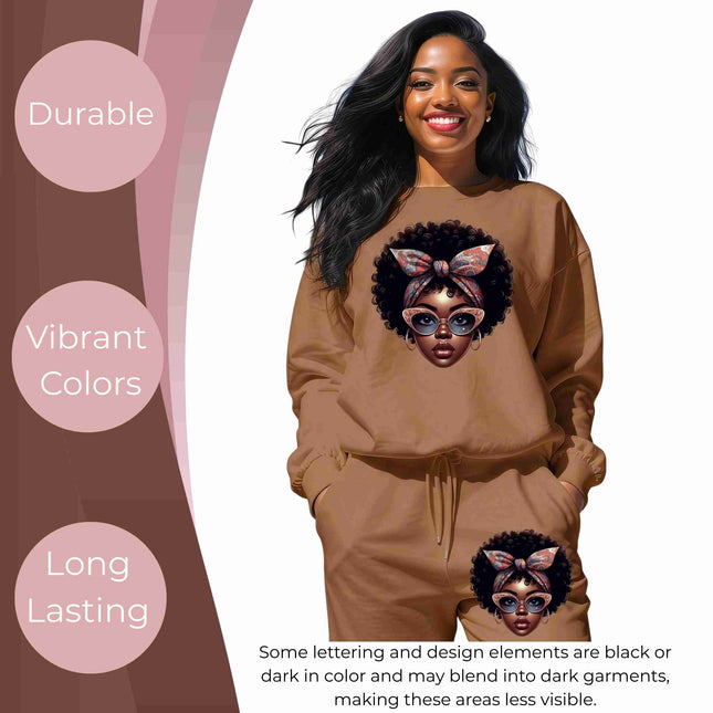 Retro Bow Afro Beauty 6-Pack DIY Bundle – 3 Eco-Solvent Iron-On Heat Transfers + 3 Sublimation Iron-On Heat Transfers, Ready to Press. Bonus: 4 Matching 2-Inch Stickers