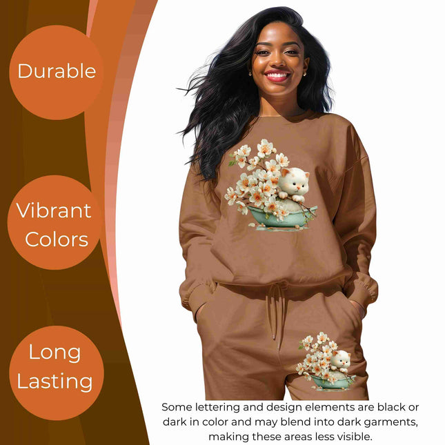 Whimsical Spring Cat #1 6-Pack DIY Bundle – 3 Eco-Solvent Iron-On Heat Transfers + 3 Sublimation Iron-On Heat Transfers, Ready to Press. Bonus: 4 Matching 2-Inch Stickers