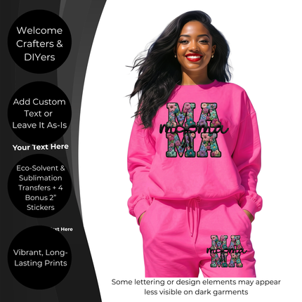 Floral Mama Black Monogram 6-Pack Ready-to-Press DIY Bundle – 3 Eco-Solvent + 3 Sublimation Iron-on Heat Transfers with 4 Bonus 2-Inch Stickers