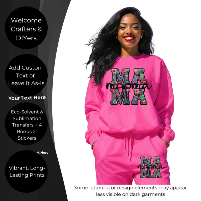 Floral Mama Black Monogram 6-Pack Ready-to-Press DIY Bundle – 3 Eco-Solvent + 3 Sublimation Iron-on Heat Transfers with 4 Bonus 2-Inch Stickers