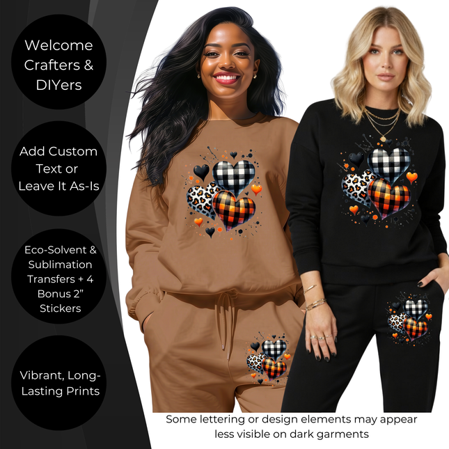 Rustic Rebel Hearts 6-Pack Ready-to-Press DIY Bundle – 3 Eco-Solvent + 3 Sublimation Iron-on Heat Transfers with 4 Bonus 2-Inch Stickers