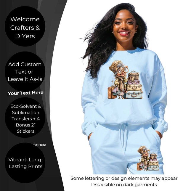 Vintage Travel Queen 6-Pack Ready-to-Press DIY Bundle – 3 Eco-Solvent + 3 Sublimation Heat Transfers with 4 Bonus 2-Inch Stickers