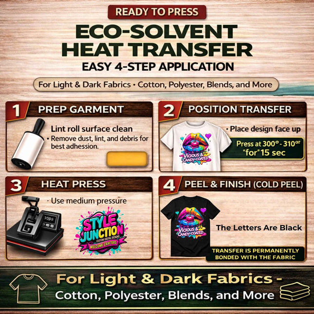 Vicious & Candy Coated 9-Piece Bundle for Crafters & DIY – 3 Eco-Solvent + 3 Sublimation Transfers (Ready to Press) + 3 Matching 2” Stickers