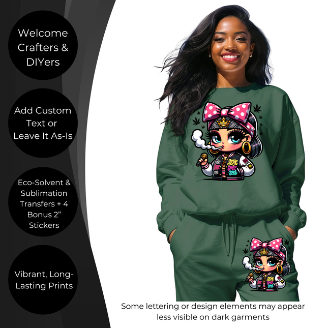 Crowned Smoke Queen 6-Pack Crafter’s & DIY Bundle – 3 Eco-Solvent + 3 Sublimation Ready-to-Press Iron-On Heat Transfers for T-Shirts, Tote Bags & More, + Bonus 4 Matching 2-Inch Stickers