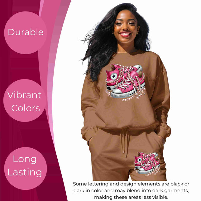 Blush Pearl High-Tops 6-Pack DIY Bundle – 3 Eco-Solvent Iron-On Heat Transfers + 3 Sublimation Iron-On Heat Transfers, Ready to Press. Bonus: 4 Matching 2-Inch Stickers